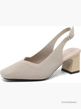 Knitted Slingback Pumps with Block Heel and Square Toe